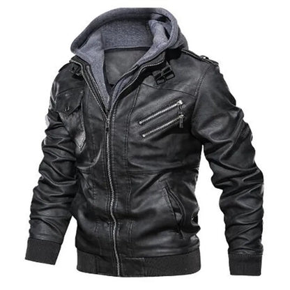 New Fashion Male Street Wear Motorcycle Leather Jackets Hat Detachable Men Hooded Leather Jackets Slim Casual Leather Coats 5XL