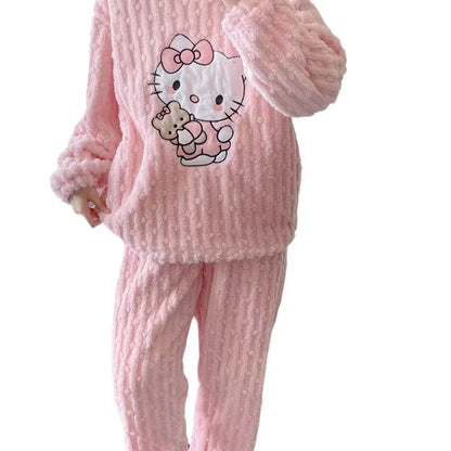 Hello Kitty Autumn Winter Fleecing Pajama Suit Warm Woolen Velvet Loungewear Set Top Elastic Waist Pants Women Sleepwear set