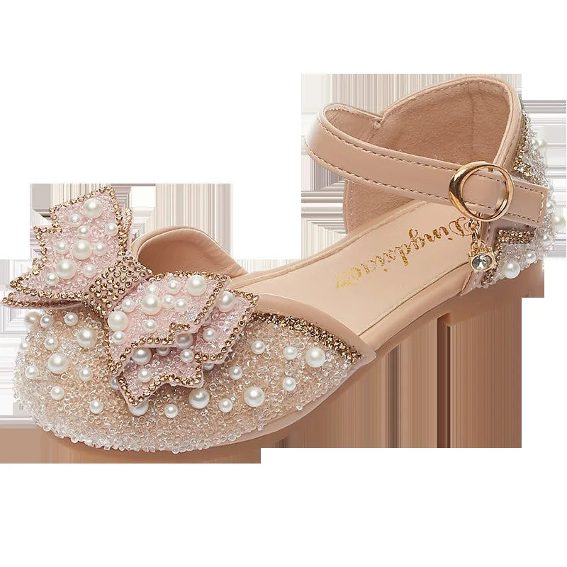 Lovely New Summer Girls Sandals Cute Bow Pearl Sequins Kids Princess Shoes Flat Heels Dancing Shoes Size 21-36 SZY014- Pink