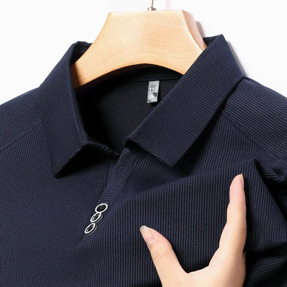 Long Sleeve Polo Shirt for Men Casual Solid Button Collar Autumn Fashion Polo T-shirt Spring Luxury Male Korean Style Clothing Navy blue