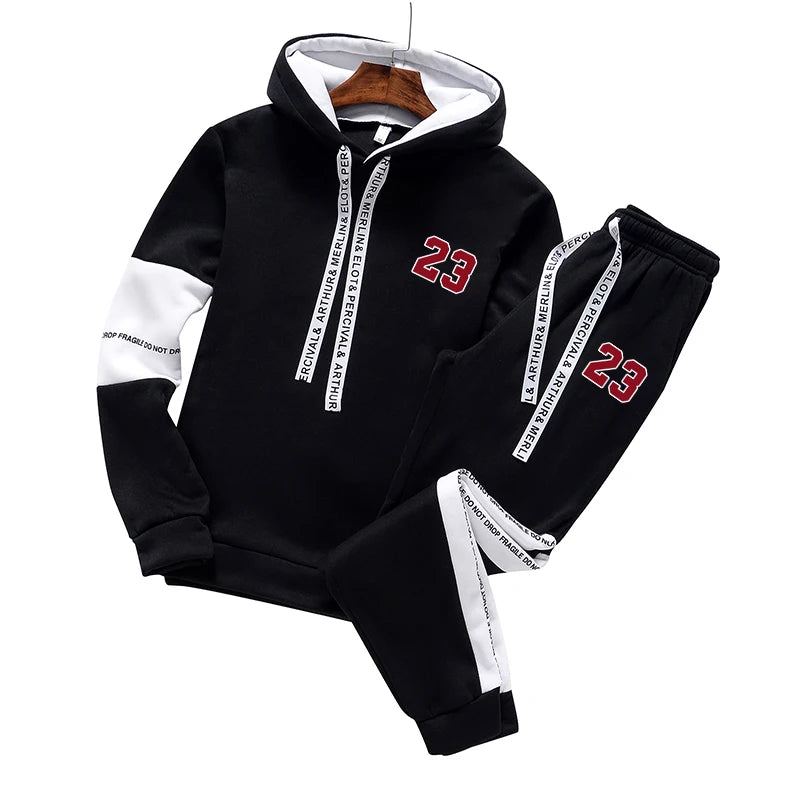 Mens Tracksuit Casual Hooded Sweatshirt+Pants 2 Pcs Sets Trend Black White Hot Sales Couple Clothing Outdoors Sport Jogger Suit Black