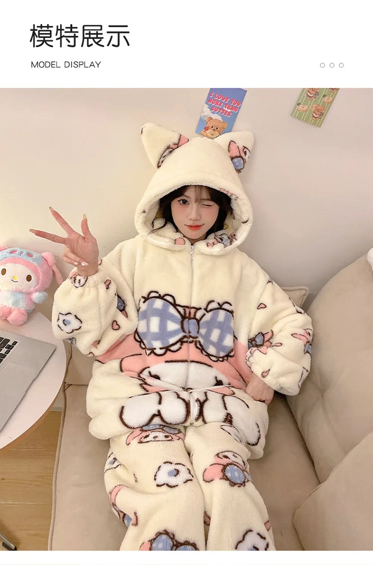 Sanrio Cartoon Hello Kitty Pajamas Female Flannel autumn Winter New Plus Thicken Velvet Sweet Keep Warm Pajamas set leisure wear