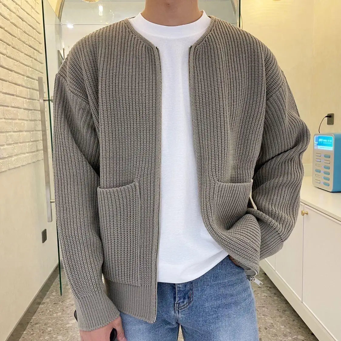 Men's Solid Color Slim-Fit Cardigan Zipper Sweater Autumn and Winter Sweater Coat Top Men Long Sleeve Stand Collar Sweater Coat