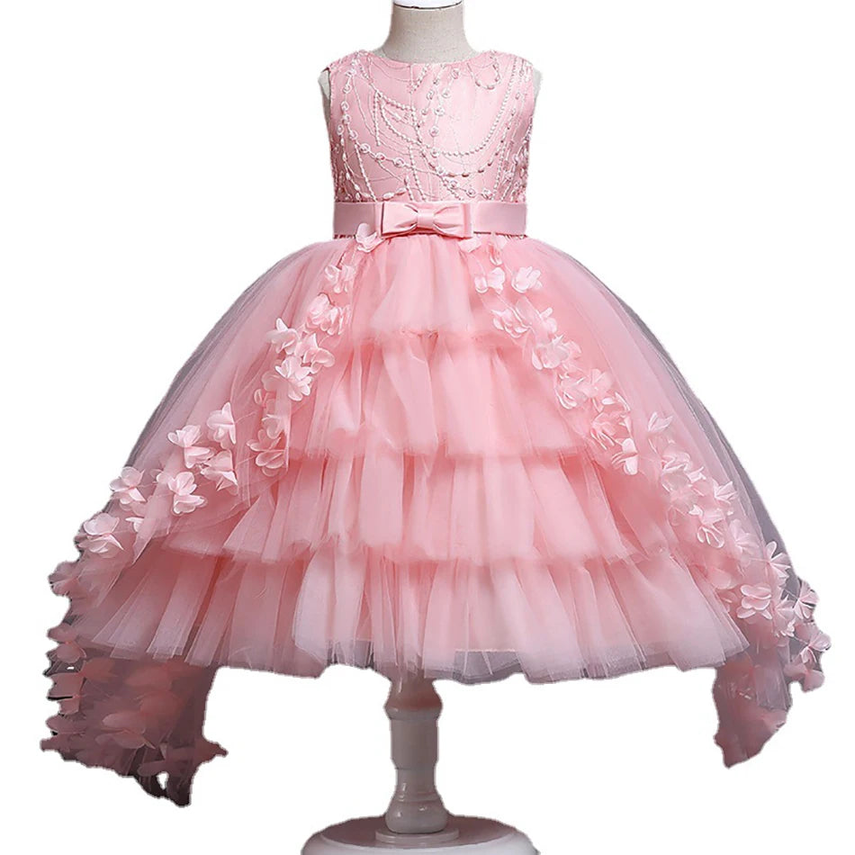 Baby Lace Pink Princess Tailing Dress For Girl Elegant Birthday Party with Flowers Dress Baby Girl's Christmas Clothes 3-12yrs