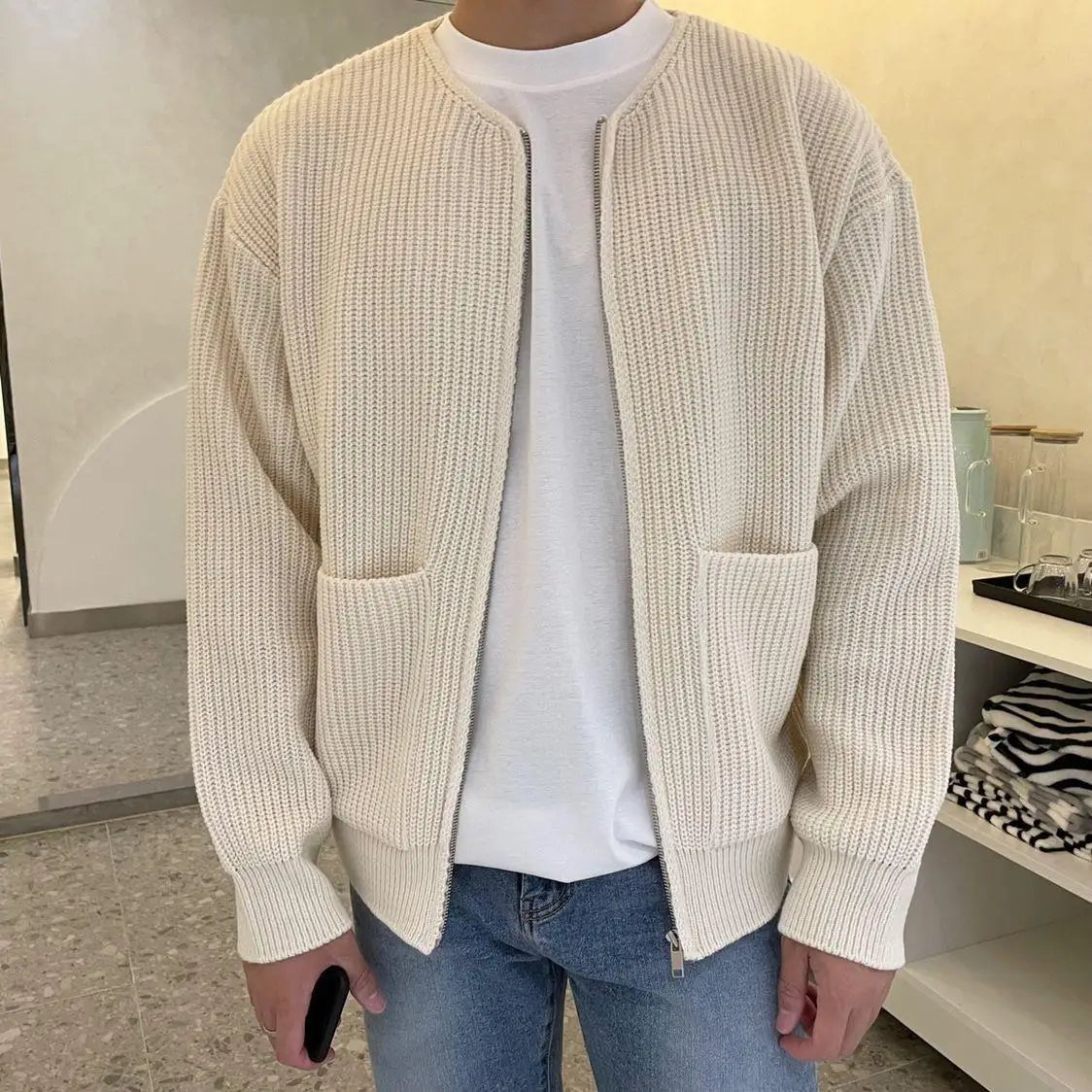 Men's Solid Color Slim-Fit Cardigan Zipper Sweater Autumn and Winter Sweater Coat Top Men Long Sleeve Stand Collar Sweater Coat