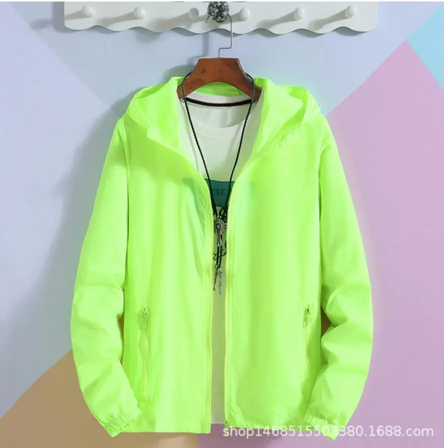 New Women's Thin Coat Summer Sun Protection Clothing Reflective Zipper Hooded Casual Jacket Family Lovers Clothing Plus Size 7XL Fluorescent Green