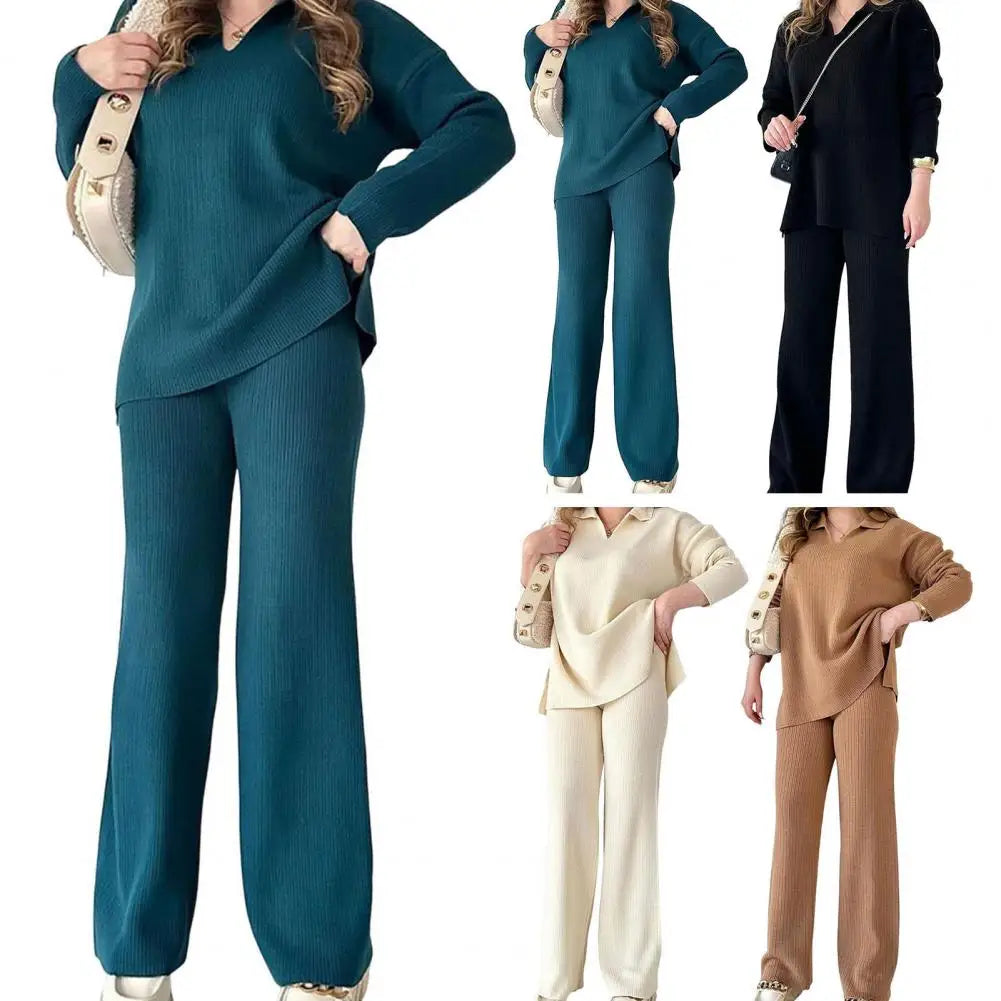 Women Two-piece Suit Cozy Knitted Women's Pajama Set with V Neck Top Wide Leg Trousers for Fall Winter Loungewear Collection