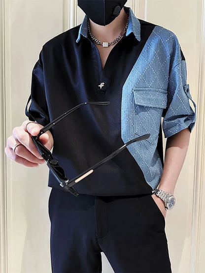 Fashion Lapel Spliced Pockets Denim Casual Shirts Men's Clothing 2024 Summer New Loose Korean Pullovers Tops Young Style Shirts