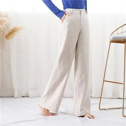 Summer High Waist Pants Women Korean Fashion Cotton Linen Wide Leg Pantalones Solid Loose Vintage Straight Sport Trousers S-3XL beige CHINA