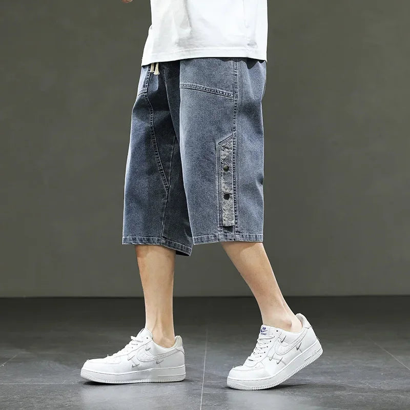 Big Size Denim Shorts Men Summer Streetwear Fashion Male Jean Shorts Y2k Baggy Plus Size 3/4 Long Black Wide Leg Korean Style