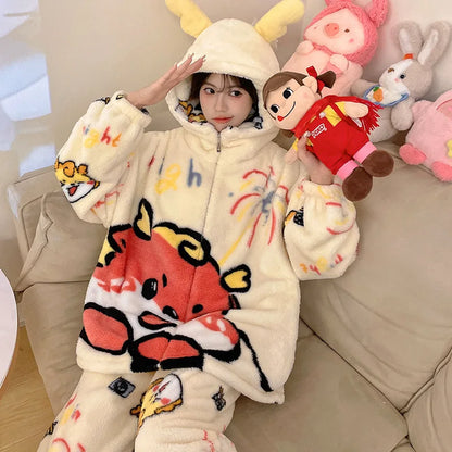 Sanrio Cartoon Hello Kitty Pajamas Female Flannel autumn Winter New Plus Thicken Velvet Sweet Keep Warm Pajamas set leisure wear