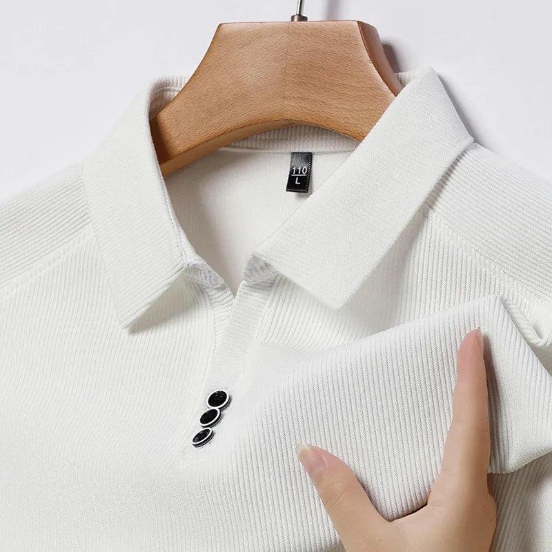 Long Sleeve Polo Shirt for Men Casual Solid Button Collar Autumn Fashion Polo T-shirt Spring Luxury Male Korean Style Clothing White