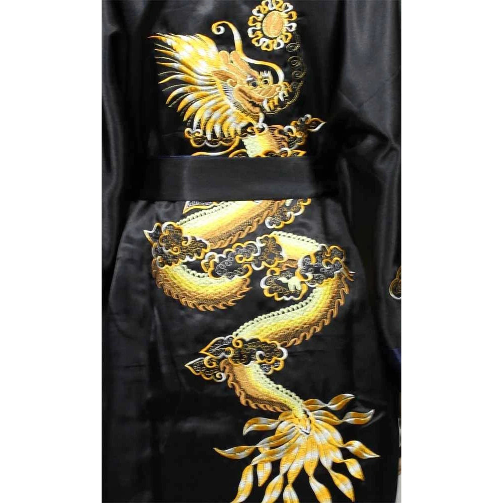 Men's Satin Robes Chinese Style Dragon Embroidery Kimono Silk-like Bathrobe Pajamas Sleepwear Gown Bath Robe