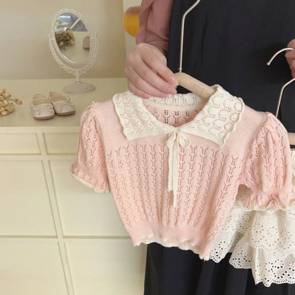 Kids Clothing Girls Lovely T-shirt Shorts Summer 2024 New Fashion Short Sleeve Knitted Sweet Lace Collar Causal Cute Knitwear Pink shirt