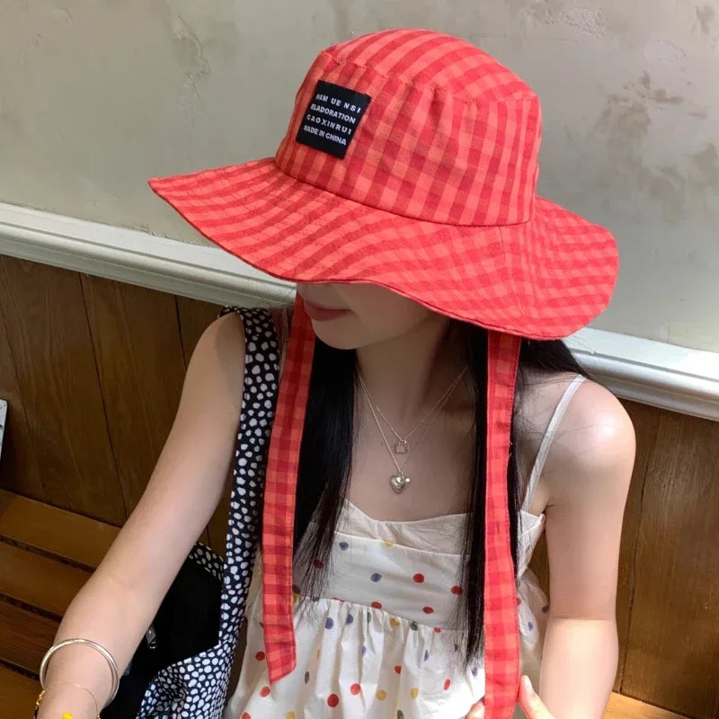 Ins Popular Niche Retro Plaid Strap Bucket Hat Women's Spring Summer Travel Versatile Fashion Wide Brim Sun Protection Sun Caps