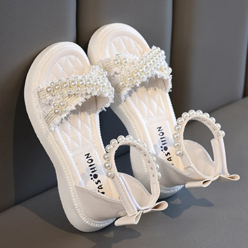 Children Summer New Sandals for Girls Fashion Pearls Beading Soft Platform Kids Casual Open-toe Beach Party Shoes with Bow-knot