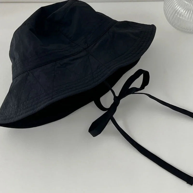 Korean Ins Lace-up Fisherman Hat Women Ins Blogger Lightweight Windbreak Windproof Rope Sunshade Basin Hat Sun Bucket Hat black One Size