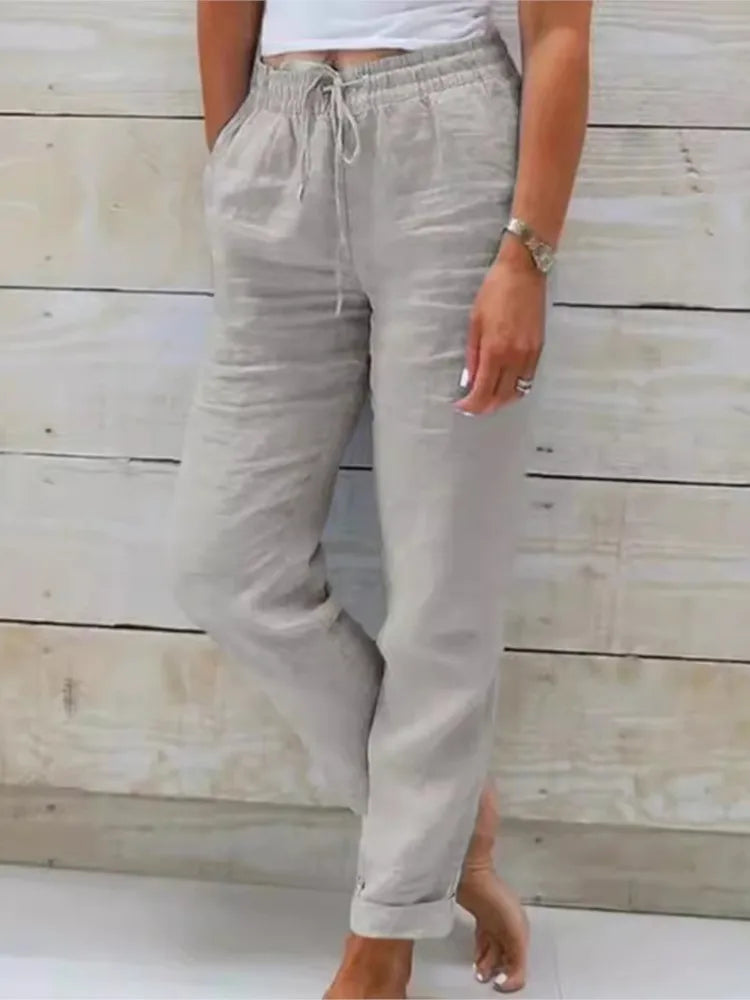 Women's High Waist Solid Color Cotton Linen Casual Pants Fashion Summer Female Holiday Casual Long Pant New 2024