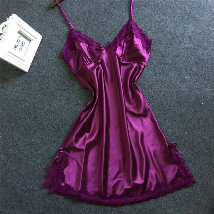 Nightgown Women Gown Sleepdress Sexy Lace Nighty Robe Spaghetti Strap Sleepwear Summer Silk Satin Nightdress Loungewear Side Bow Purple CHINA