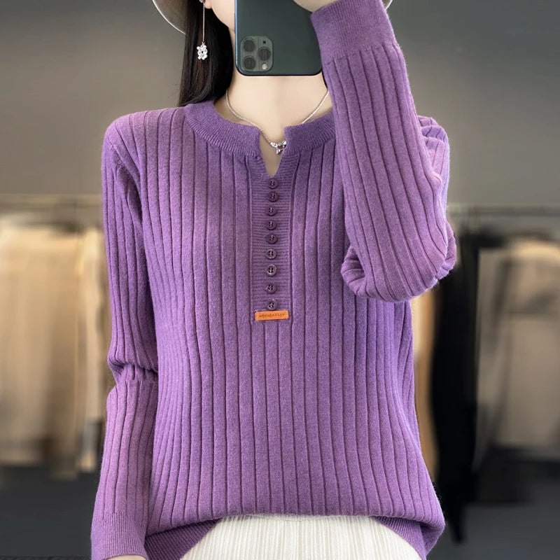 Women's Sweater Autumn/Winter New Solid Color Knitwear V-Neck Pullover Ladies Clothes Fashion Blouse Korean Style Loose Tops