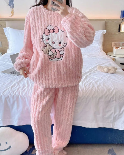 Hello Kitty Autumn Winter Fleecing Pajama Suit Warm Woolen Velvet Loungewear Set Top Elastic Waist Pants Women Sleepwear set