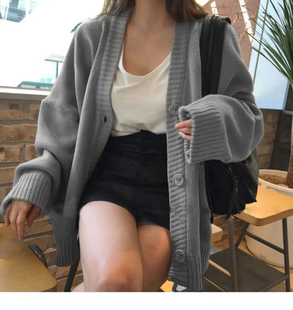 2024 Autumn Women's Sweater Fashion V-neck Vintage Knitted Cardigan Korean Loose Solid Sweaters Female