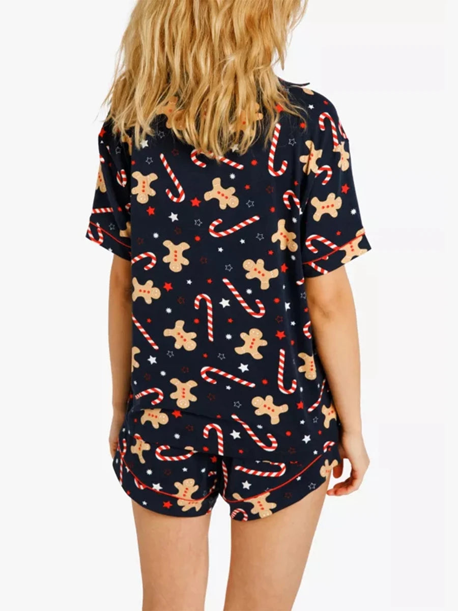 Women Christmas Pajamas Set Gingerbread Man Print Short Sleeve Button Closure Shirt with Shorts Sleepwear Loungewear