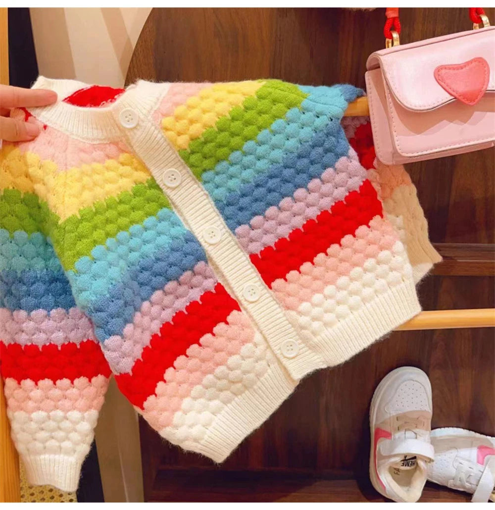 Rainbow Striped Knitted Cardigans for Kids Baby Girls Autumn Winter Long Sleeve Single-breasted Sweater Coats Children Clothes