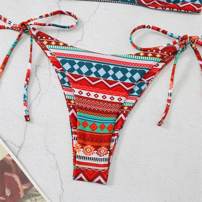 Boho Print Bikini Halter String Bandeau Swimsuit Separate Retro Trend Swimwear Y2K Beach Micro Tanga Women Vacation Bathing Suit