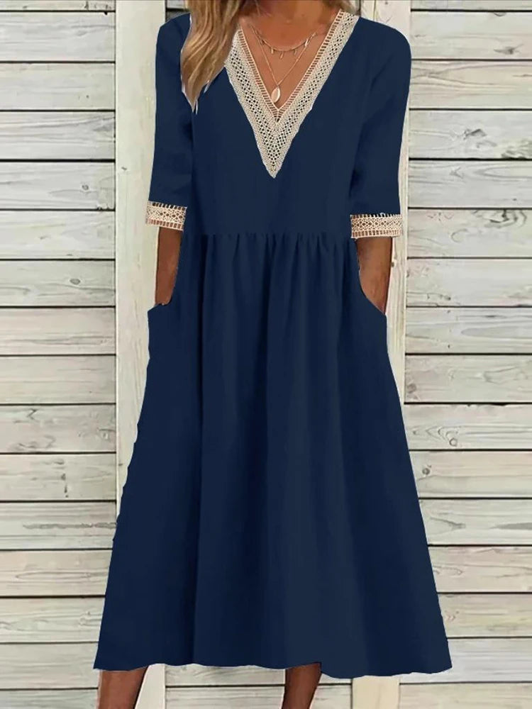 Women's Dress Summer New V-neck Half Sleeve Cotton Solid Pleated Elegant A-line Dress Fashion Casual Loose Vintage Long Dress Navy Blue CHINA