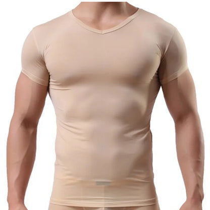 Super thin Muscle men's cool summer casual fitness v-neck short t-shirts modal cotton obesity man t-shirt beige