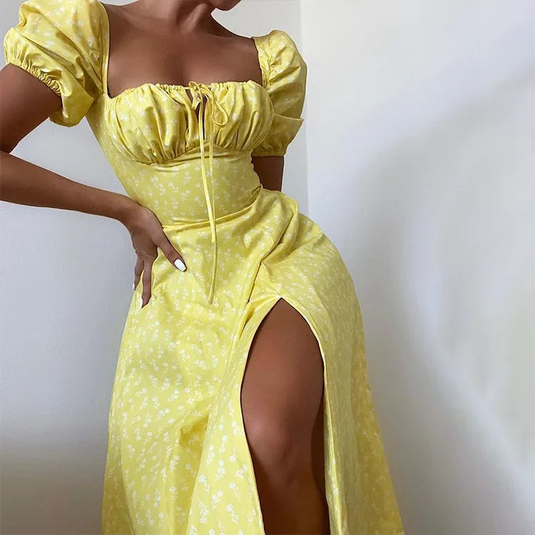 Lovely Elegant French Floral Printed Half-Sleeve Maxi Dress Women's Sexy Backless Slim Halter Split Dresses A-Line Robe Vestidos HSXSHXH