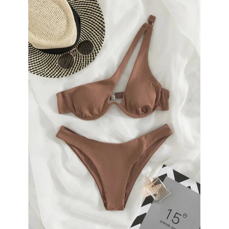 2023 One Shoulder Bikini Set Sexy Bikinis Swimsuits Cut Out Women's 2 Peices Swimwear Biquini Summer Bathing Suits Push Up Beach Coffee