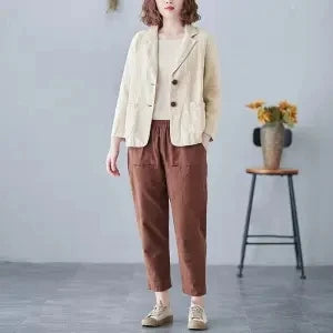 2023 Spring Summer Short Coat Cotton And linen Blazer Suit Collar Jacket Women's Casual Solid Color 3/4 Sleeves Shirt Cardigan Apricot