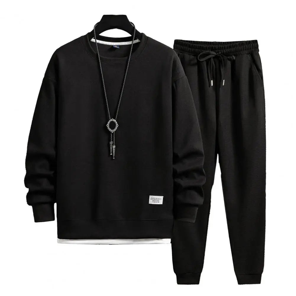 Men Tracksuit Set Jogging Suit with Pockets Cozy Sportswear Set 2-piece Sweatshirt Pants Ensemble with Elastic Waist for Autumn Black