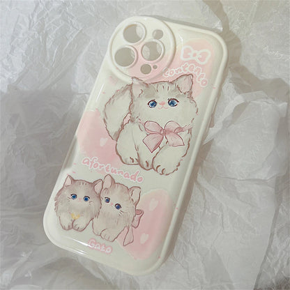 Korean Cute Cartoon Kitten Phone Case For iPhone 15 14 13 12 Pro Max X XS XR 7 8 Plus SE Lovely Cat Shockproof Soft Cover Funda