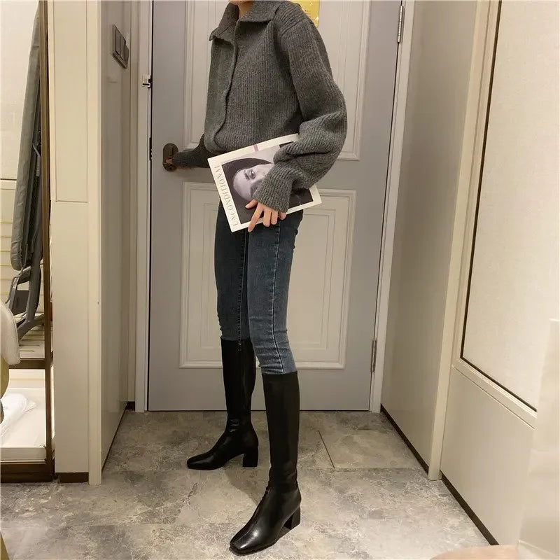 Women Warm Long Boots Woman Knee High Booties Ladies Shoes Platform Thick Heel PU Leather Soft Zipper Woman Fashion Winter 2023