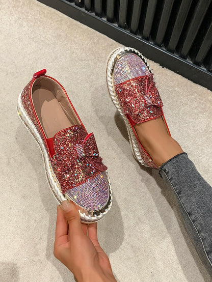 Fashion Women Shoes Shining Rhinestone Loafer Bowknot Slip-on Thick Botton Casual Ladies Crystal Female Platform Sneakers Sports