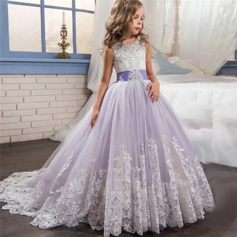 Girls Christmas Dress For Kids Wedding Evening Party Bridesmaid Long Dress Prom Gown Children Teenager New Year Princess Costume purple 03