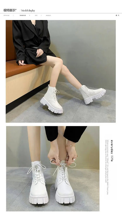 Rimocy Chunky Platform White Ankle Boots Women Autumn Winter Pu Leather Combat Booties Mujer Punk Thick Bottom Motorcycle Boots