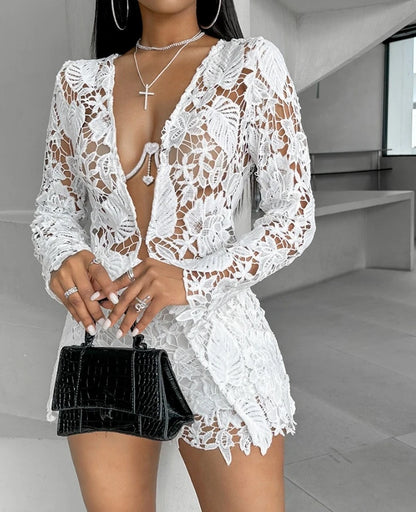 Hot Selling Casual and Fashionable L Flower Girl Transparent Long Sleeved Lace Shirt and Transparent Shorts Set