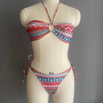 Boho Print Bikini Halter String Bandeau Swimsuit Separate Retro Trend Swimwear Y2K Beach Micro Tanga Women Vacation Bathing Suit