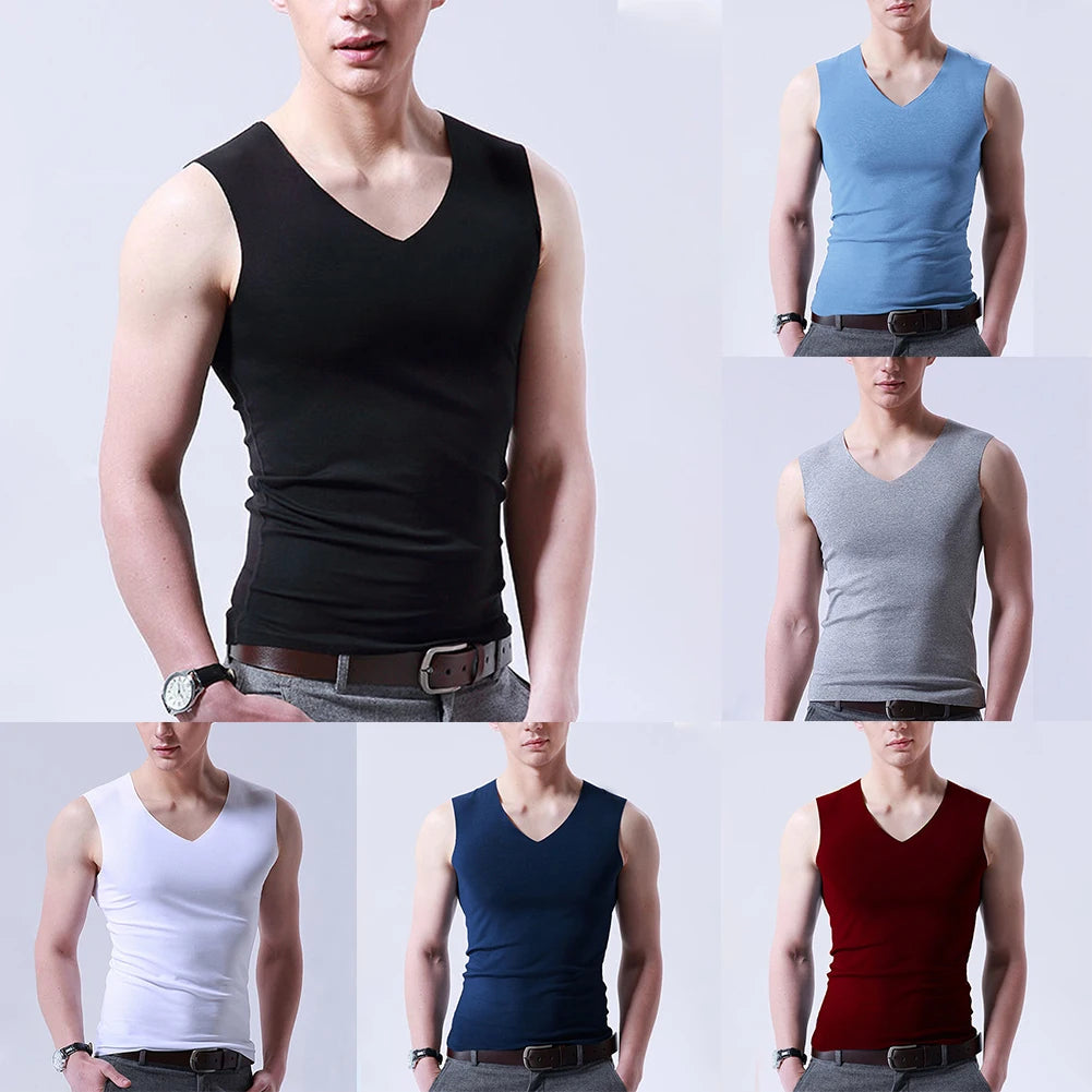 Basic Men's Ice Silk Sleeveless Tanks Top Vest Solid Color V-Neck Undershirt Muscle Vests T Shirt For Men Tee Male Clothing