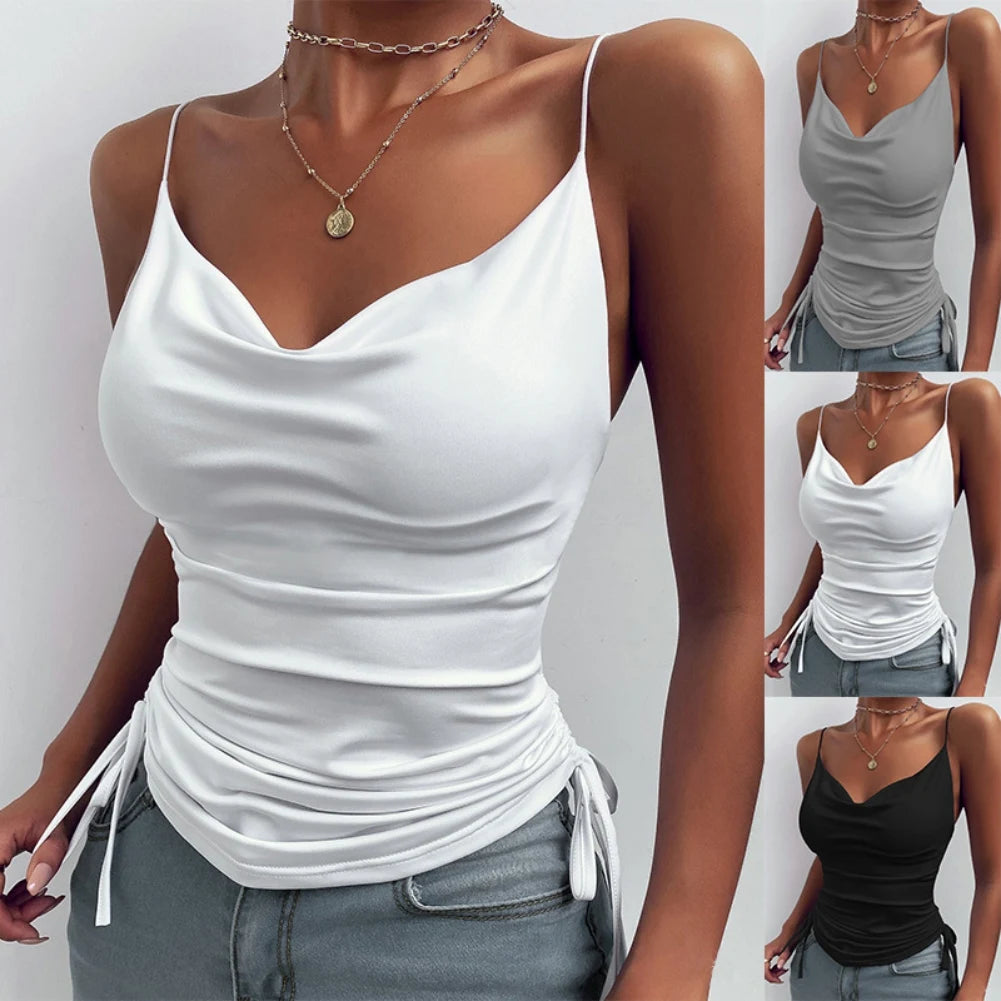 Women's Tank Top Suspender Solid Color Deep V-neck Tight-fitting Drawcord Design Summer Suspender