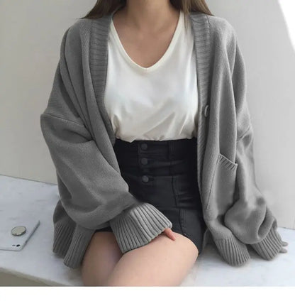 2024 Autumn Women's Sweater Fashion V-neck Vintage Knitted Cardigan Korean Loose Solid Sweaters Female