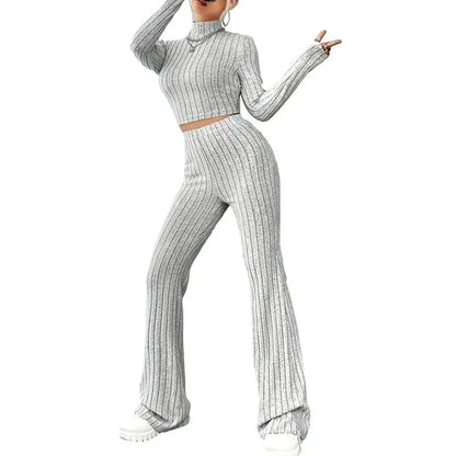 Slim Fit Women Suit Women Knitted Suit Elegant Knitted Winter Outfit Turtleneck Cropped Top High Waist Flared Pants Women's Slim Grey China