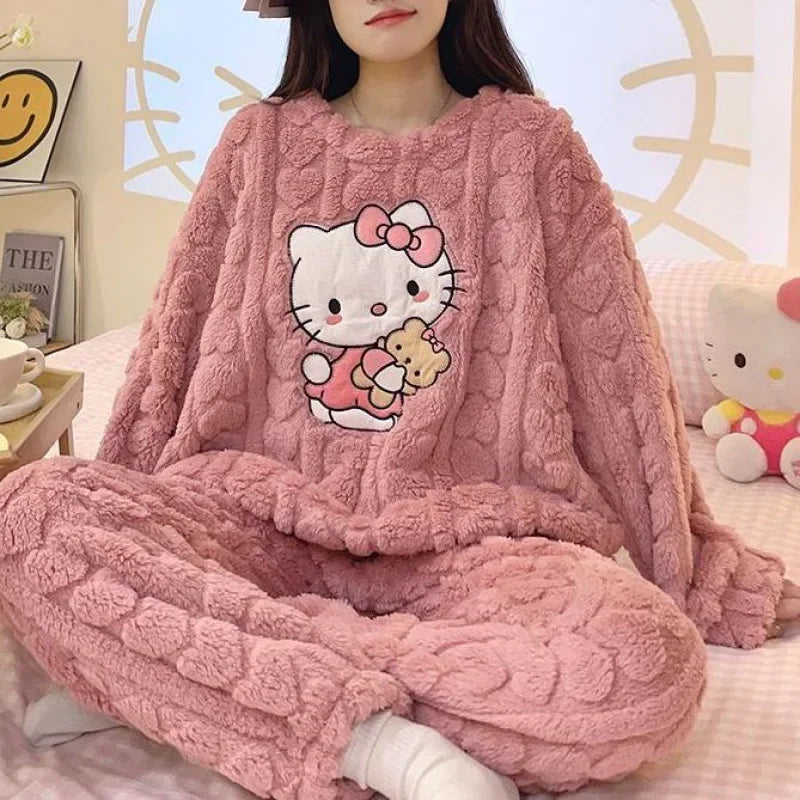 Kawaii Hello Kitty 2Pcs Plush Pajama Set Sanrioed Pochacco Cartoon Anime Winter Women Homewear Winter Thicken Girls Keep Warm