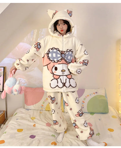 Sanrio Cartoon Hello Kitty Pajamas Female Flannel autumn Winter New Plus Thicken Velvet Sweet Keep Warm Pajamas set leisure wear