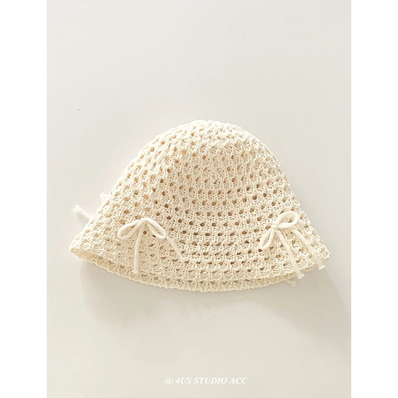 Korean Ins New Cute Bow Hollow Knitted Women's Caps Spring and Summer Sunshade Versatile Show Face Small Sweet Bucket Hat beige 56-58cm