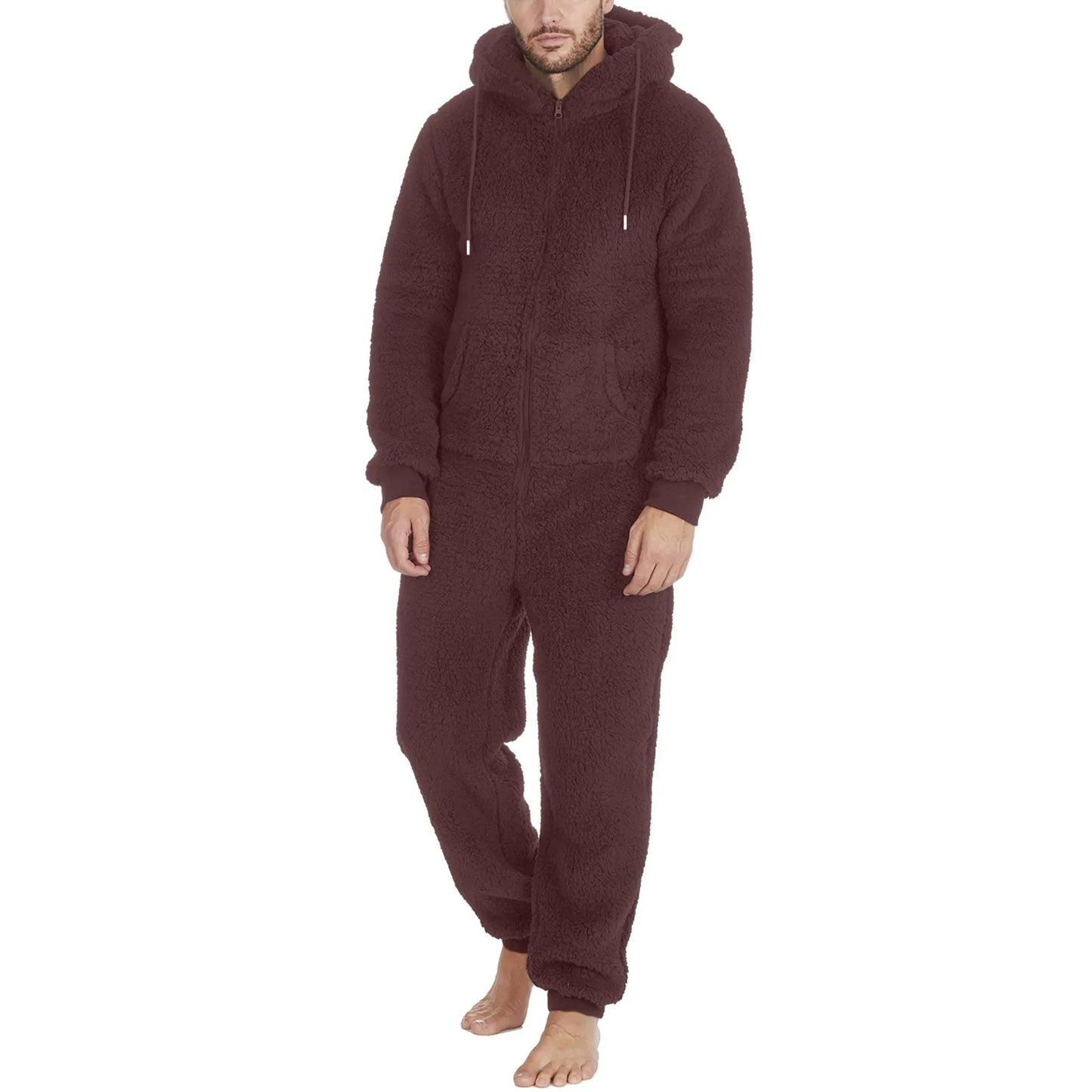 Winter Men Artificial Wool Jumpsuit Pajamas Fleece Warm Men Drawstring Bodysuit Sleepwear Solid Color Zipper Loose Hooded